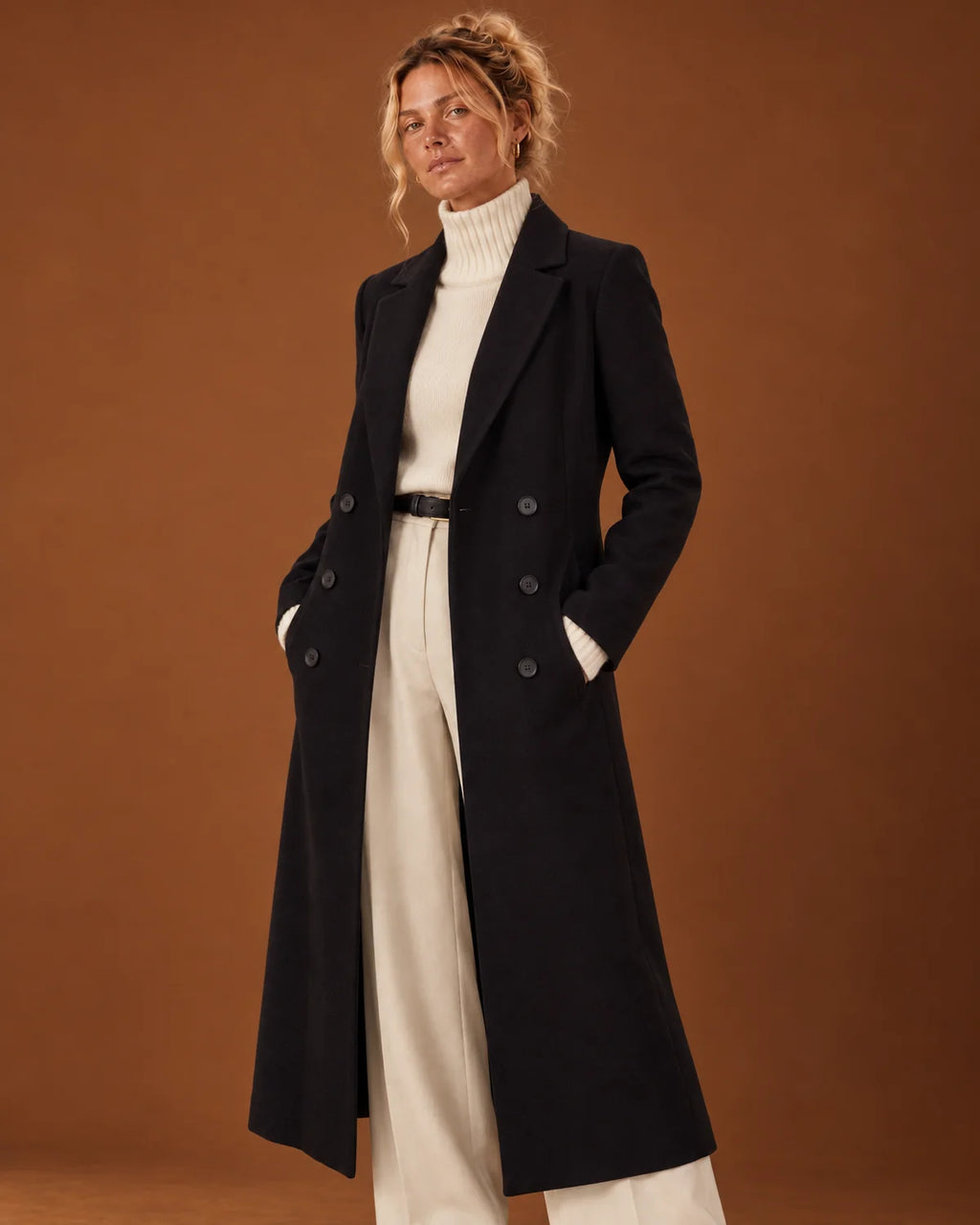 Black Wool Coat – Long Double Breasted Tailored