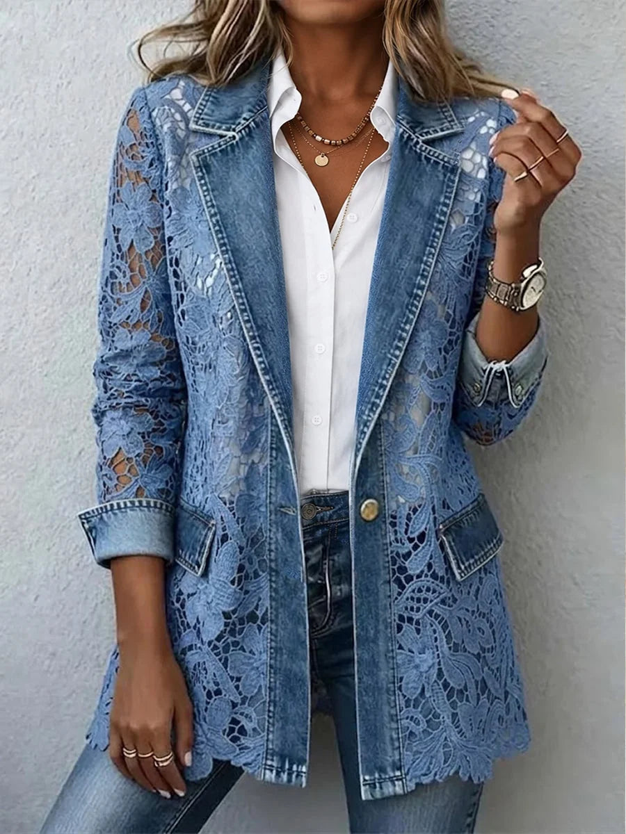 Blazer Jacket with Floral Lace Panels Long Sleeve