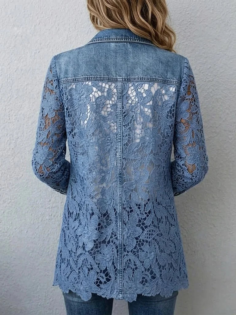 Blazer Jacket with Floral Lace Panels Long Sleeve