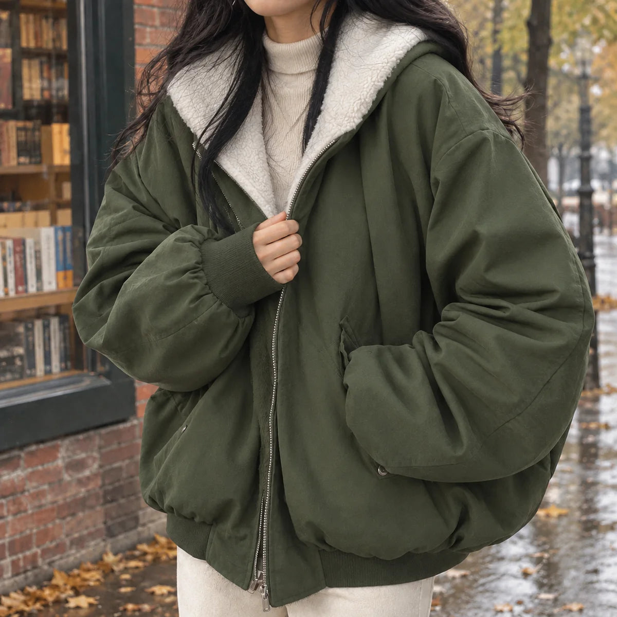 Bomber Jacket – Black Oversized Hooded Plush-Lined