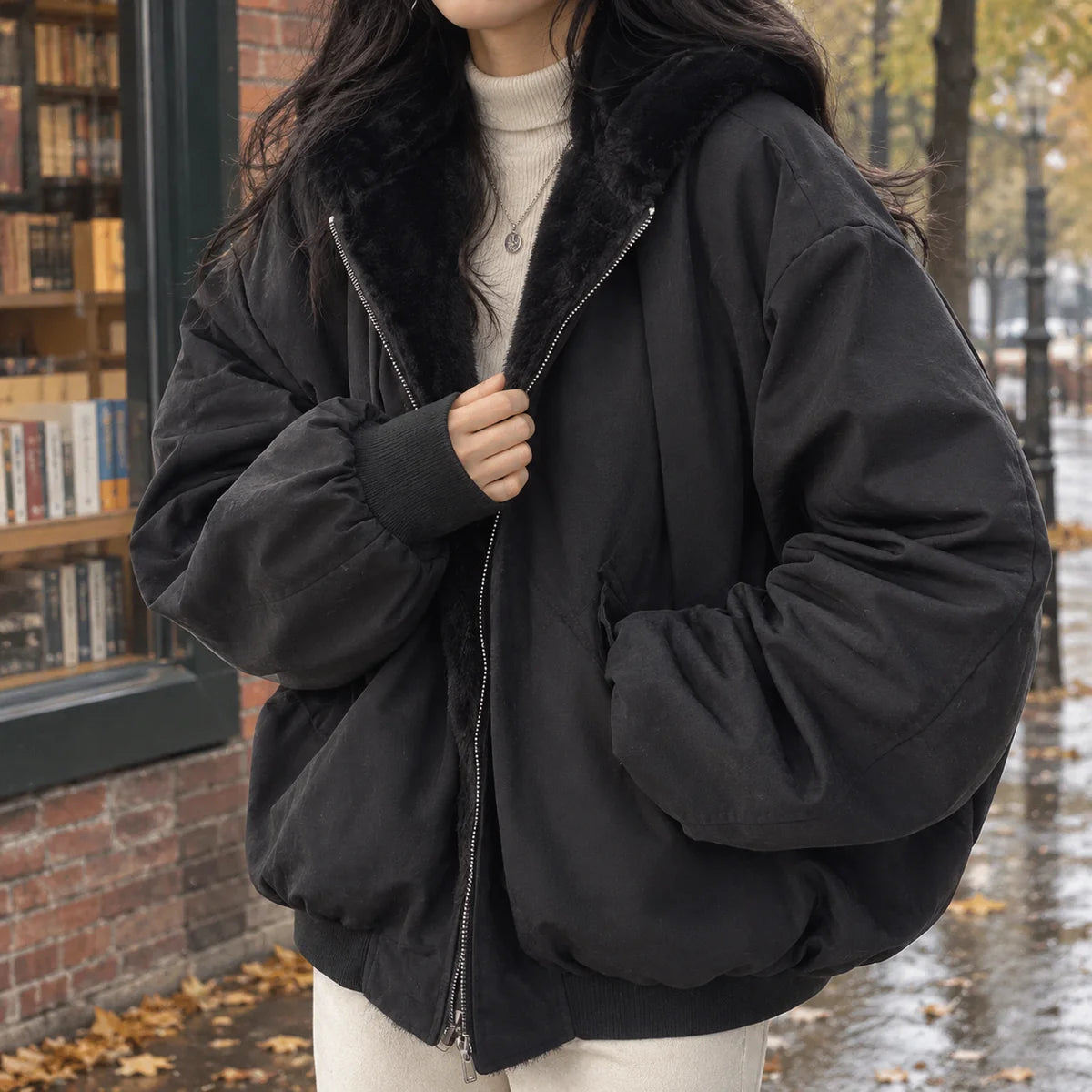 Bomber Jacket – Black Oversized Hooded Plush-Lined