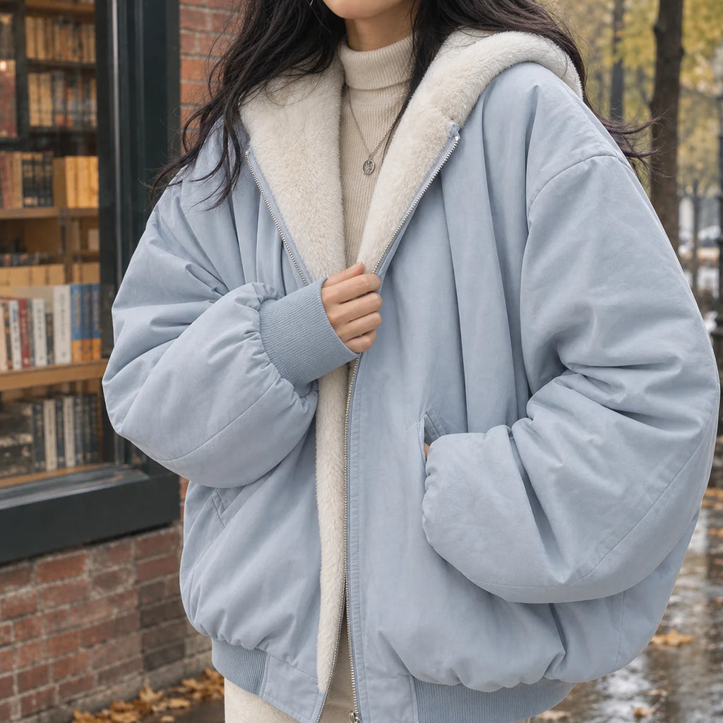 Bomber Jacket – Black Oversized Hooded Plush-Lined