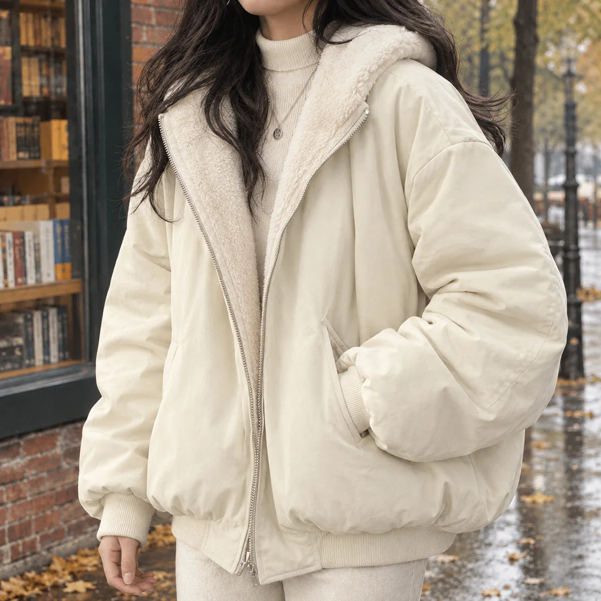 Bomber Jacket – Black Oversized Hooded Plush-Lined