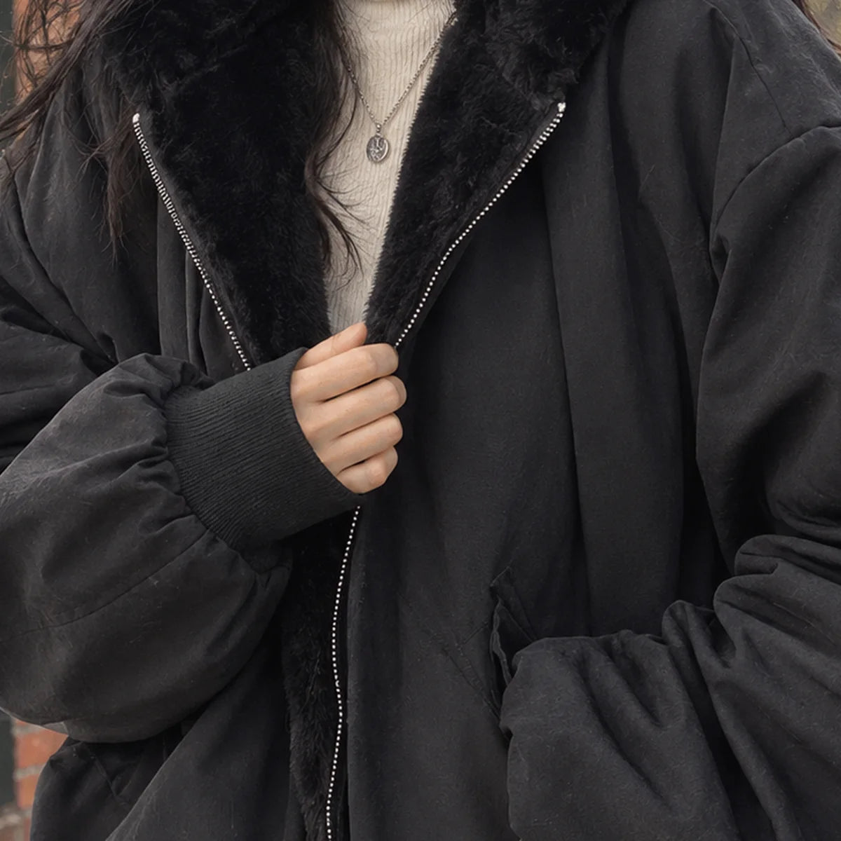 Bomber Jacket – Black Oversized Hooded Plush-Lined