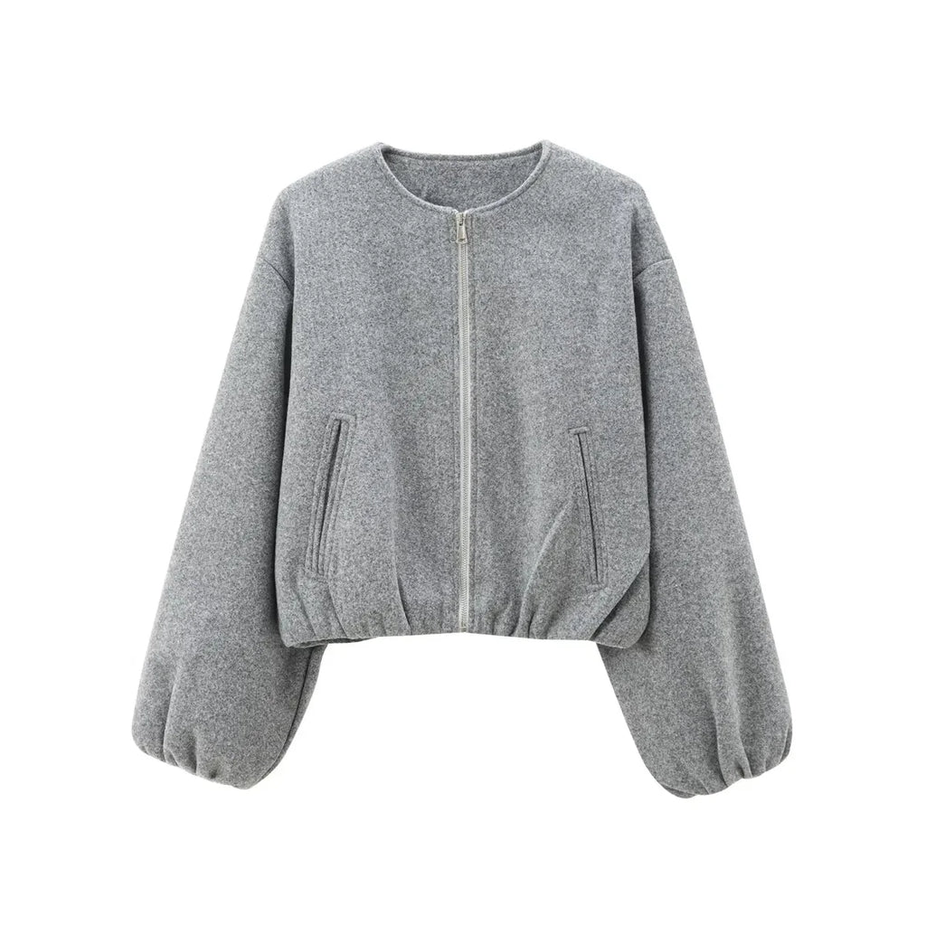 Bomber Jacket – Gray Cropped Balloon Sleeve