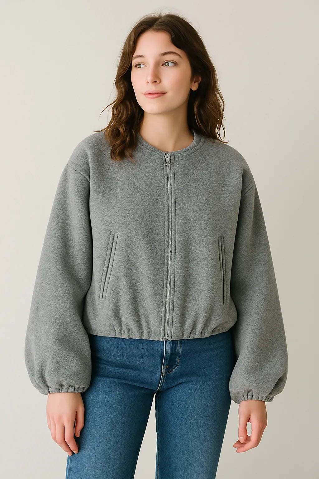 Bomber Jacket – Gray Cropped Balloon Sleeve