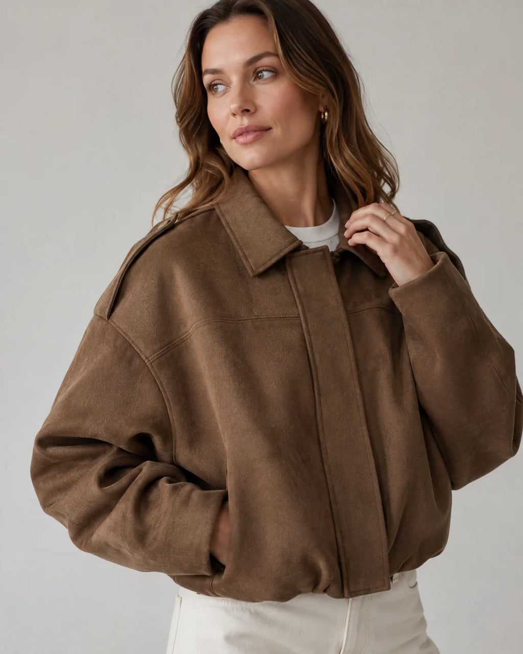 Bomber Jacket Women – Brown Oversized Collared Bomber
