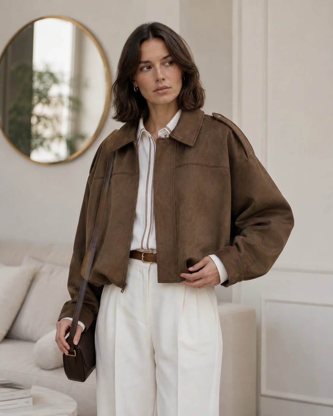 Bomber Jacket Women – Brown Oversized Collared Bomber