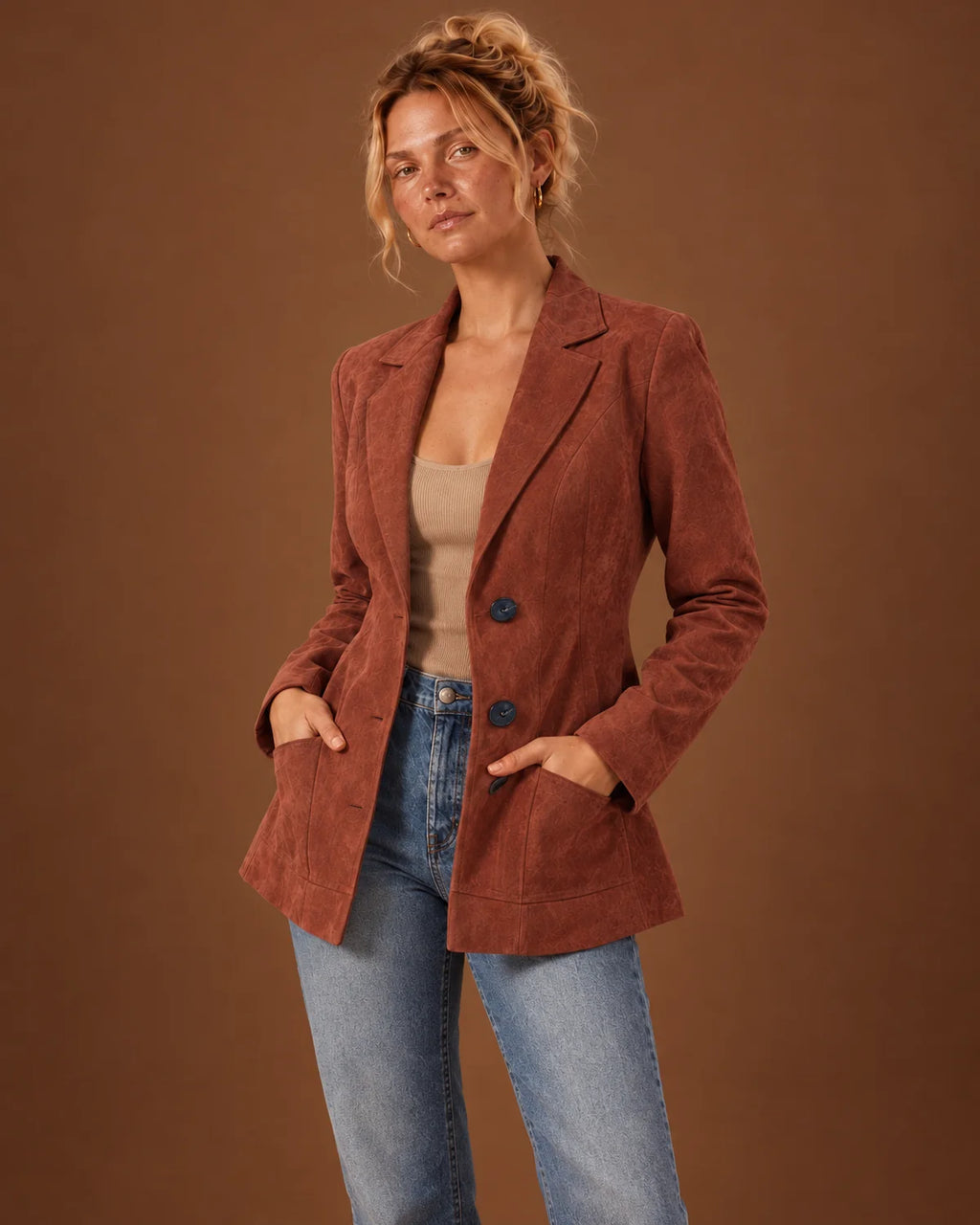 Brown Blazer – Fitted Three Button Patch Pocket