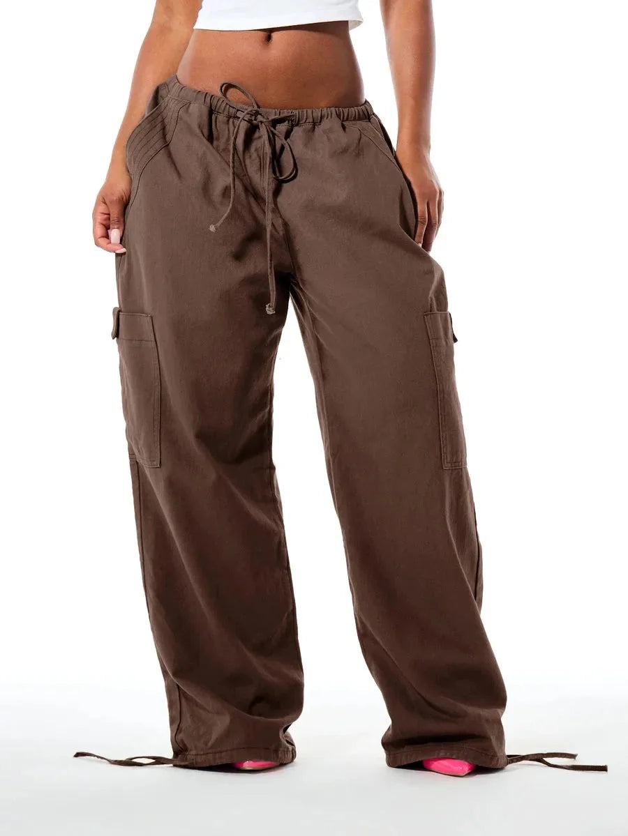 Brown Cargo Pants – Wide Leg Drawstring Waist