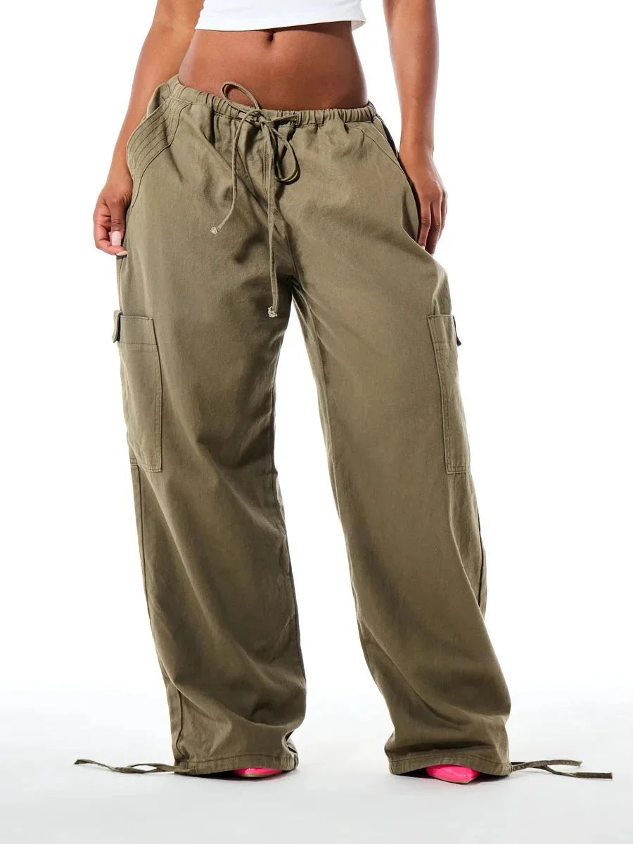 Brown Cargo Pants – Wide Leg Drawstring Waist