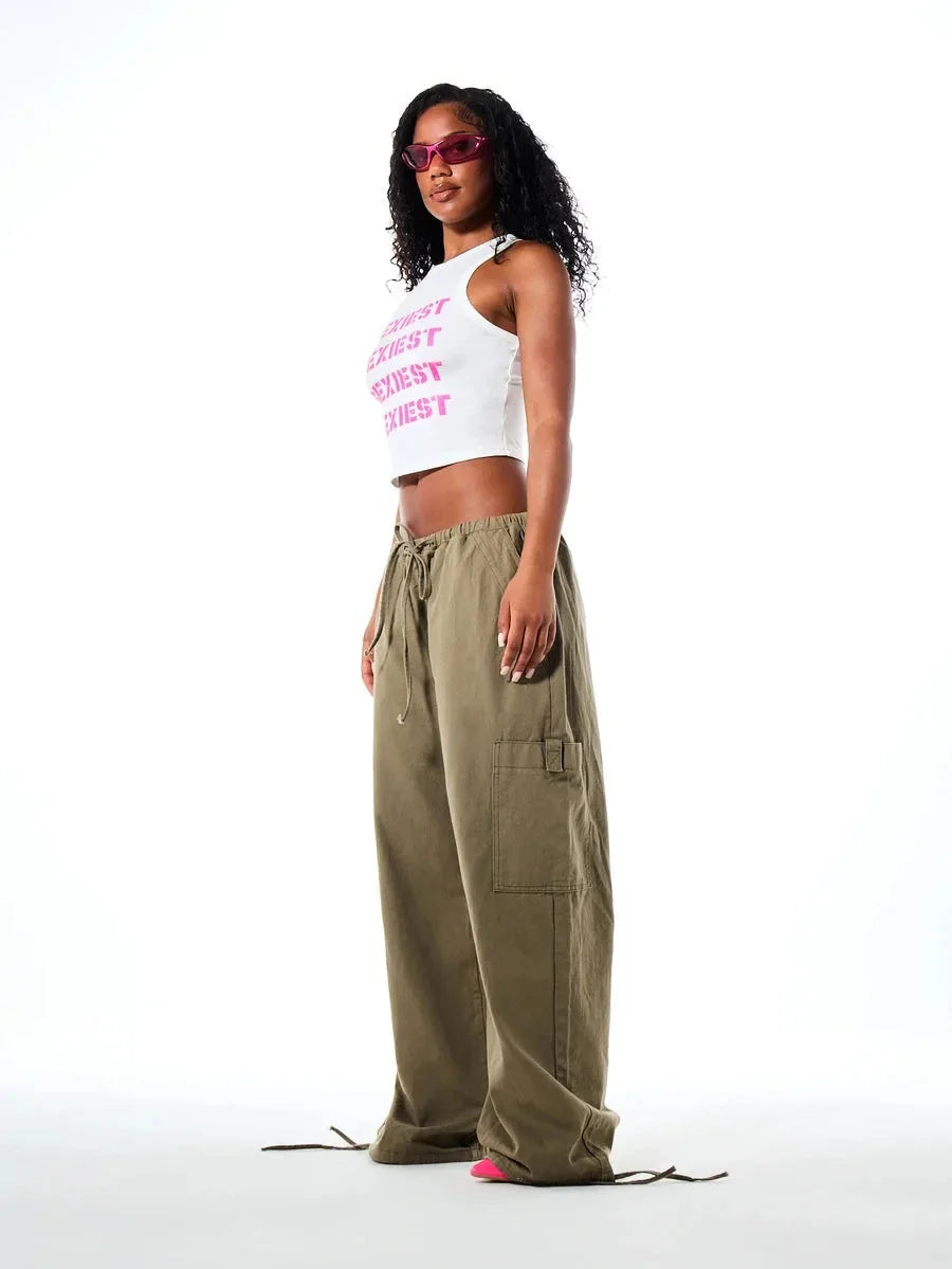 Brown Cargo Pants – Wide Leg Drawstring Waist