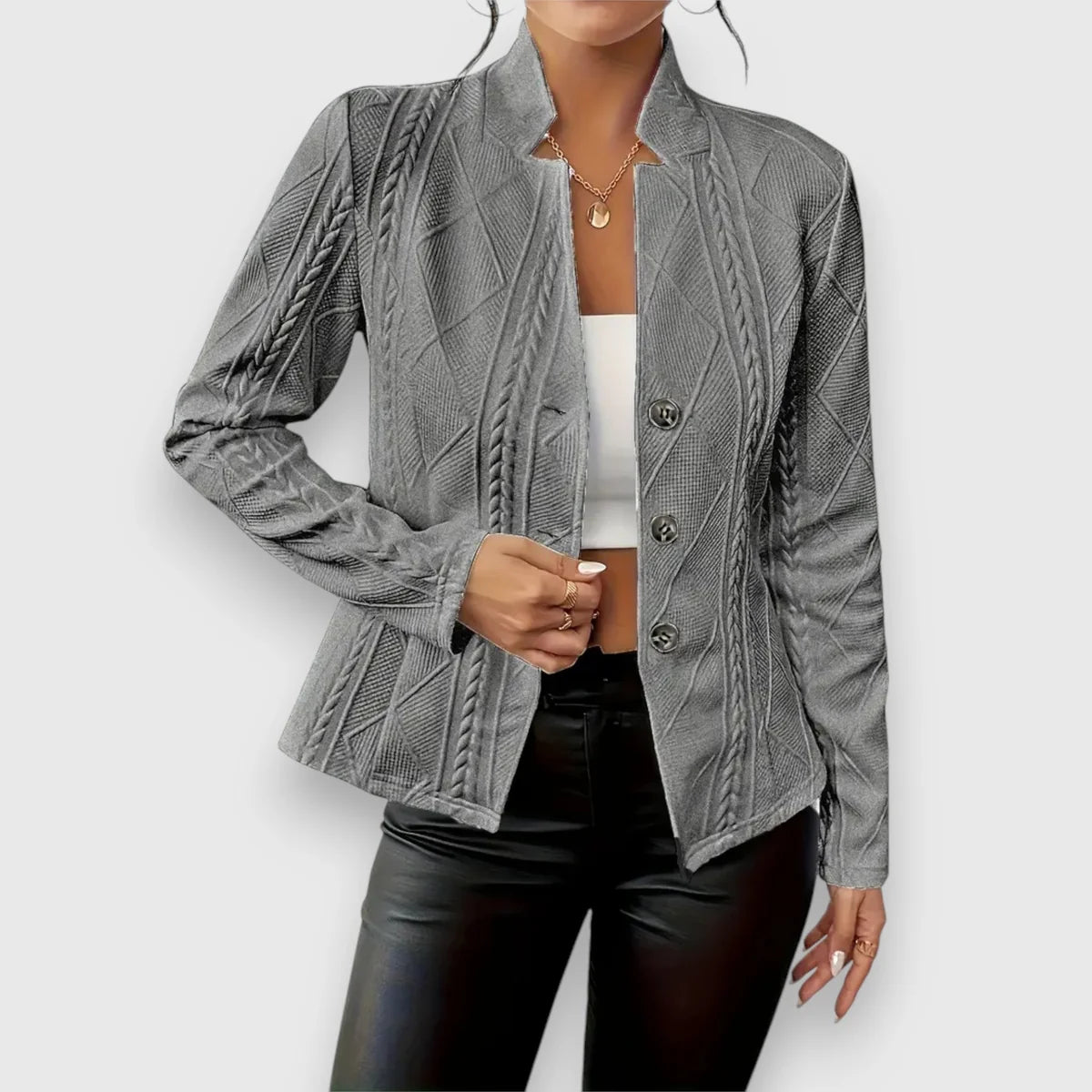 Cable Knit Sweater – Beige Fitted Button Front Knit Jumper