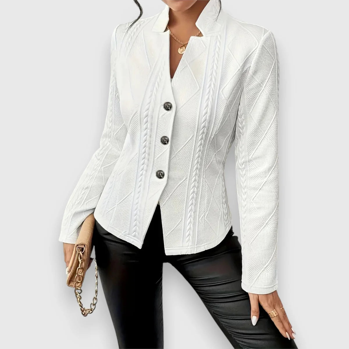 Cable Knit Sweater – Beige Fitted Button Front Knit Jumper