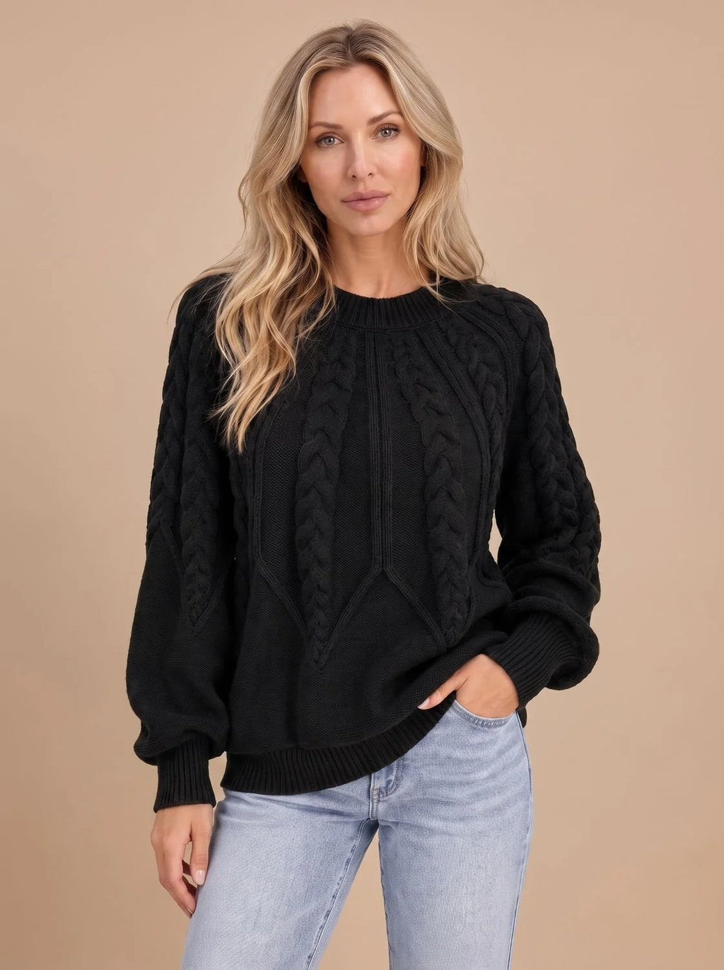 Cable Knit Sweater – Black Crew Neck Classic