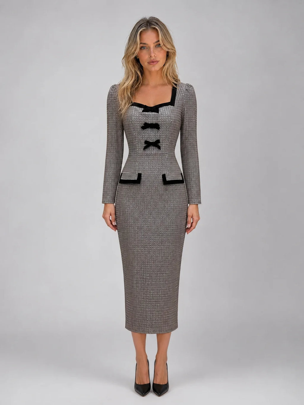 Check Midi Dress Square Neck Long Sleeve