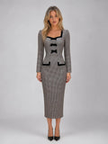 Check Midi Dress Square Neck Long Sleeve
