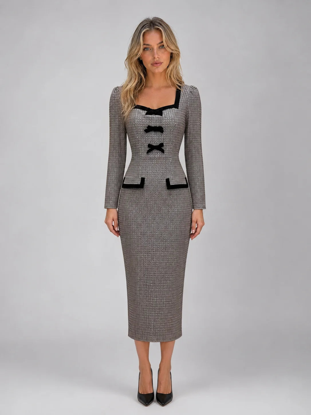 Check Midi Dress Square Neck Long Sleeve