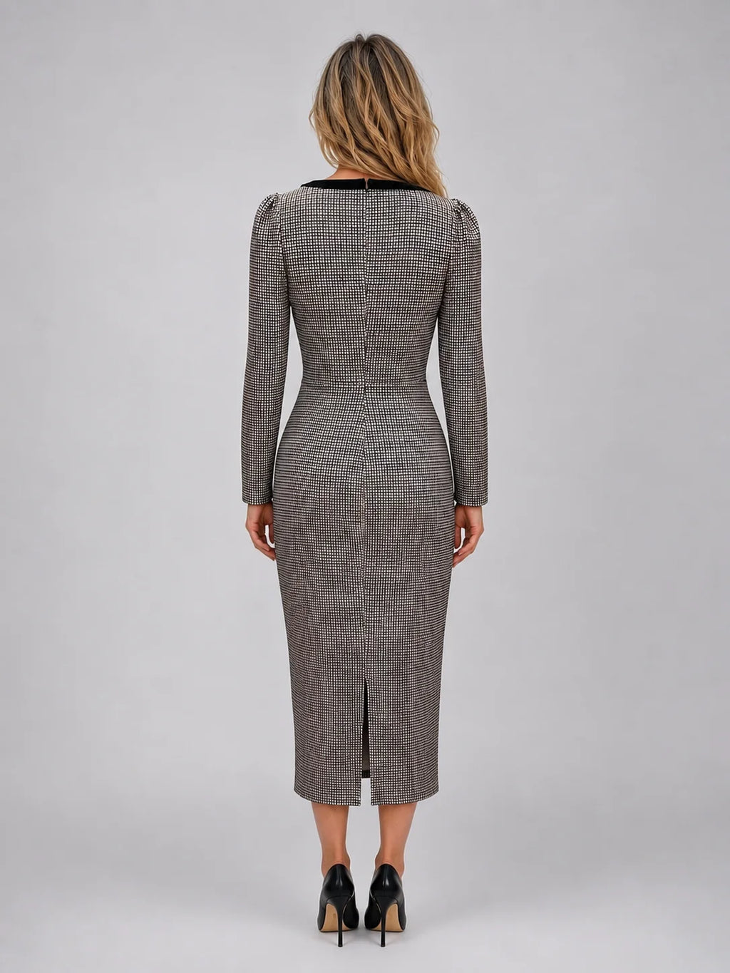 Check Midi Dress Square Neck Long Sleeve