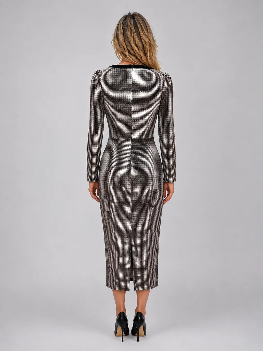 Check Midi Dress Square Neck Long Sleeve