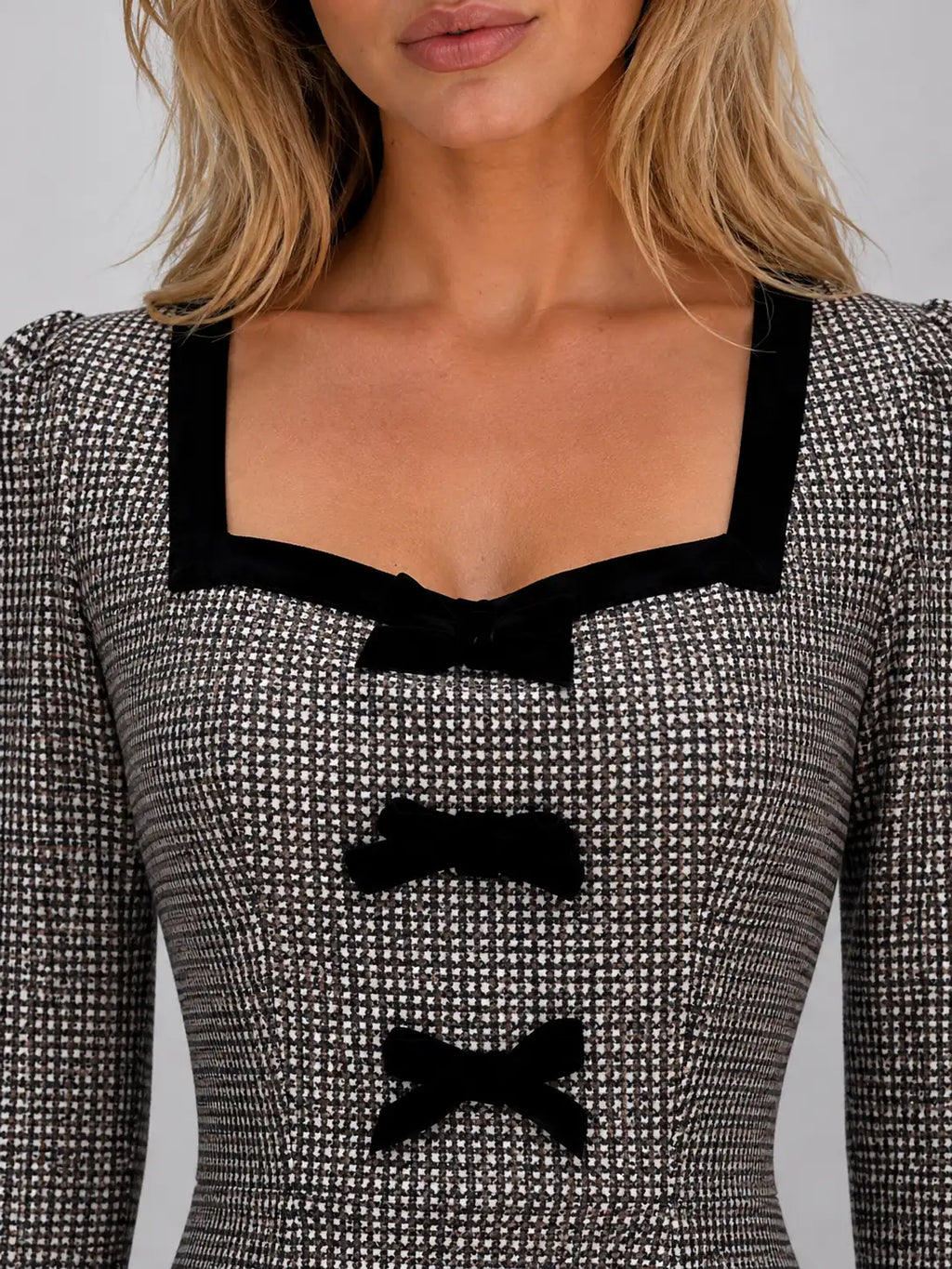 Check Midi Dress Square Neck Long Sleeve