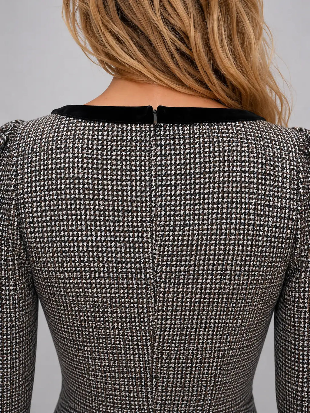 Check Midi Dress Square Neck Long Sleeve