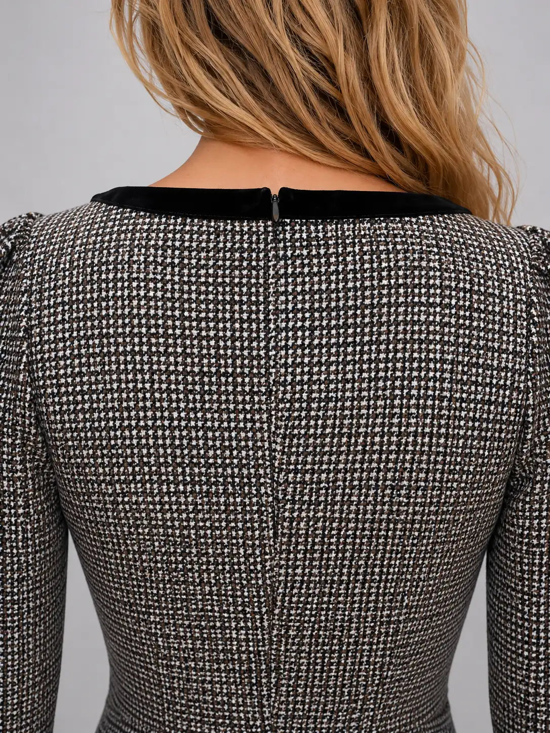 Check Midi Dress Square Neck Long Sleeve