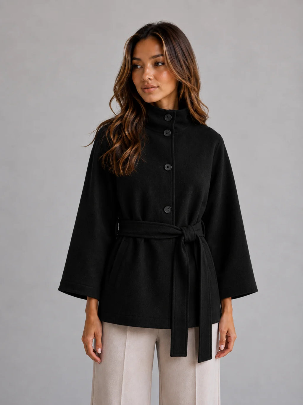 Coat Women – Camel Belted Cape Coat with Stand Collar Wool Look