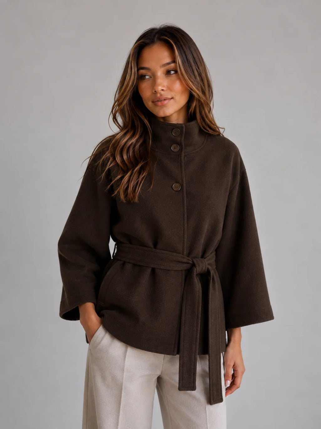 Coat Women – Camel Belted Cape Coat with Stand Collar Wool Look
