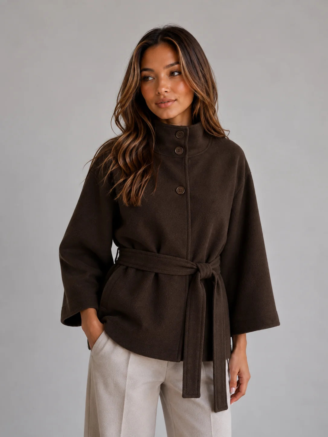 Coat Women – Camel Belted Cape Coat with Stand Collar Wool Look