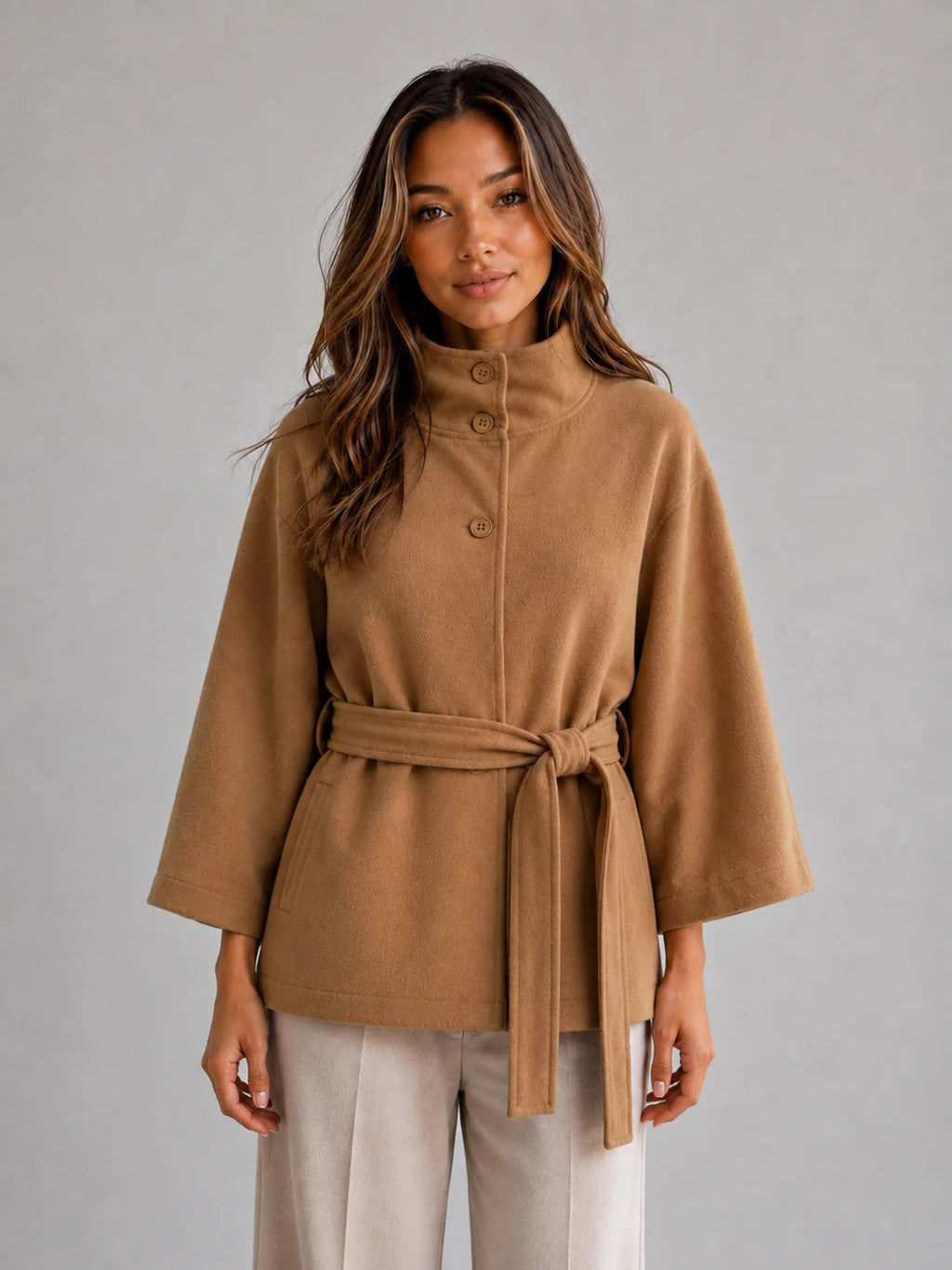 Coat Women – Camel Belted Cape Coat with Stand Collar Wool Look