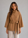 Coat Women – Camel Belted Cape Coat with Stand Collar Wool Look