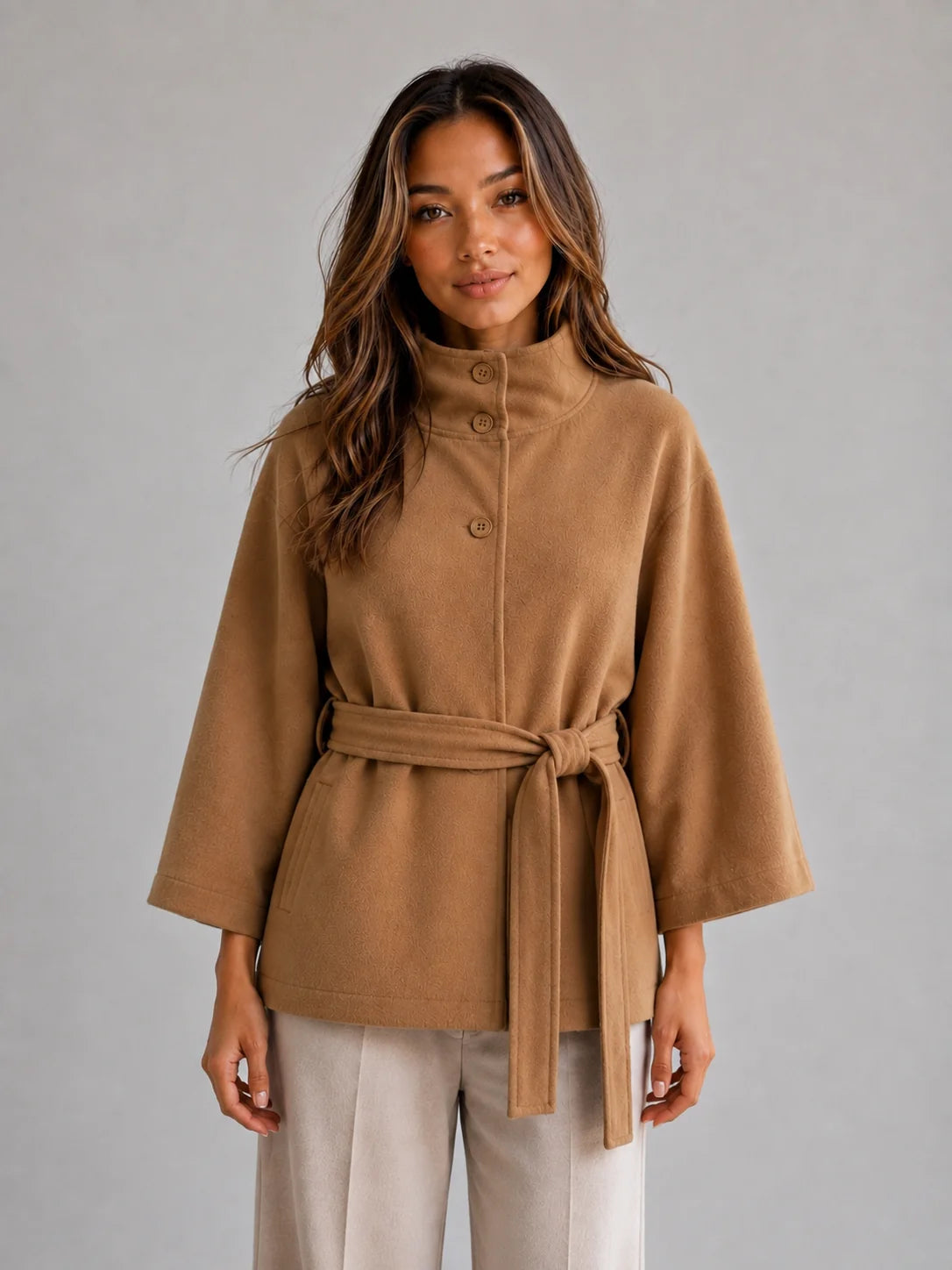 Coat Women – Camel Belted Cape Coat with Stand Collar Wool Look