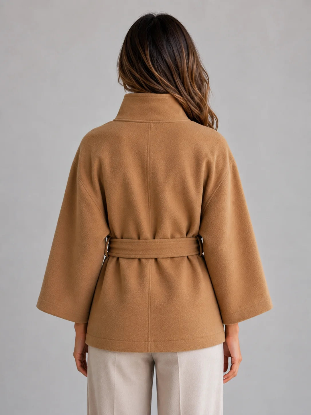 Coat Women – Camel Belted Cape Coat with Stand Collar Wool Look