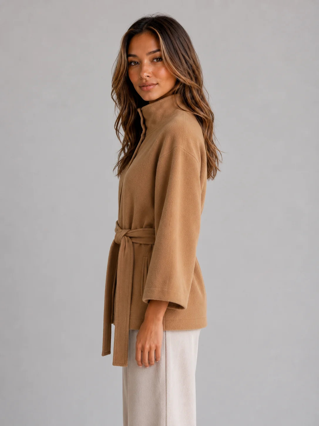 Coat Women – Camel Belted Cape Coat with Stand Collar Wool Look