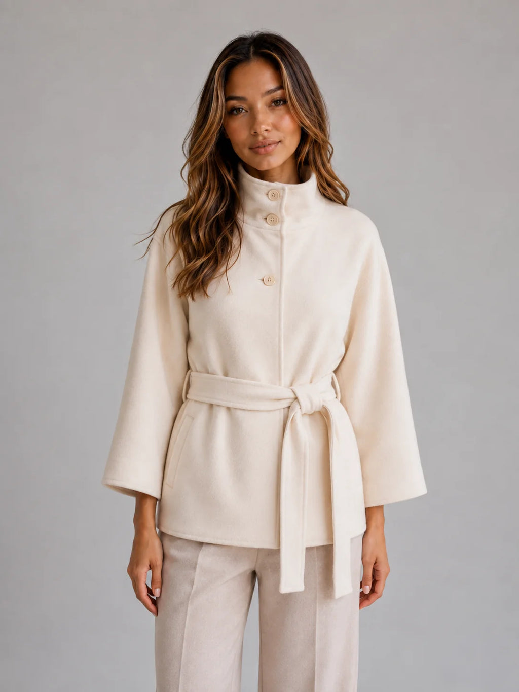 Coat Women – Camel Belted Cape Coat with Stand Collar Wool Look