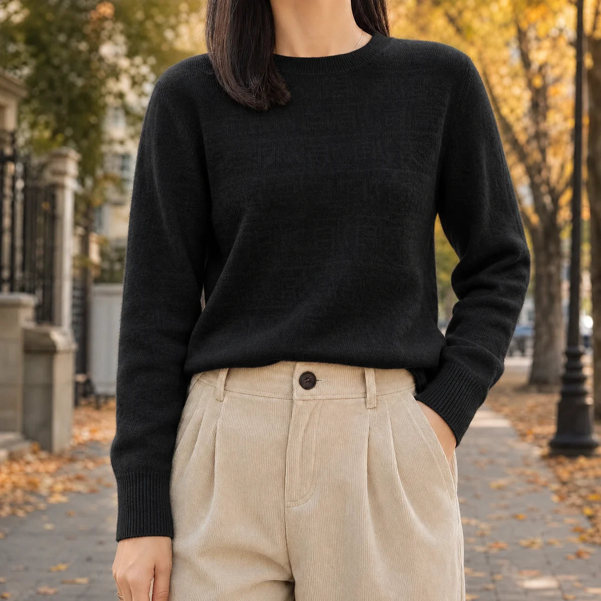 Crewneck Sweater – Black Soft Knit Long-Sleeve Pullover