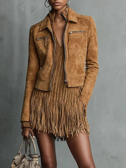 Cropped Fringe Jacket with Lapel Collar