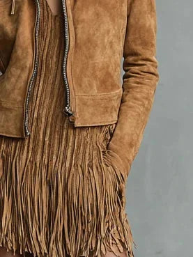 Cropped Fringe Jacket with Lapel Collar