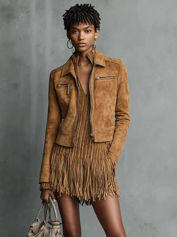 Cropped Fringe Jacket with Lapel Collar