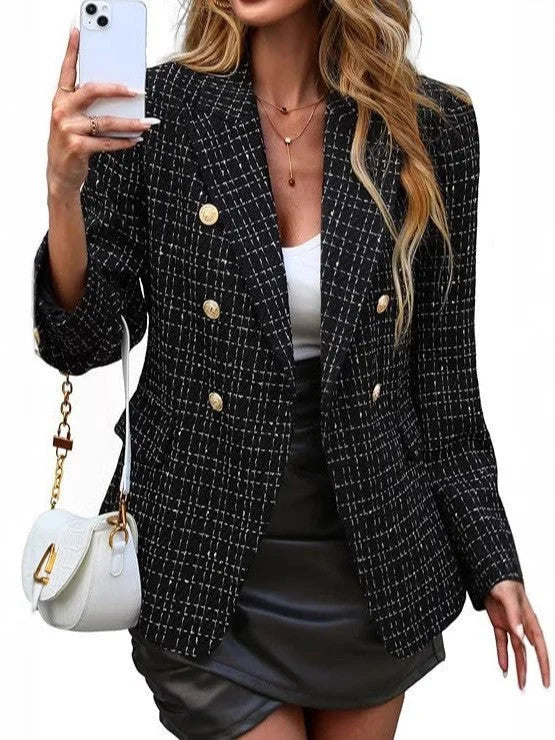 Double-Breasted Blazer – Black Tweed Gold-Button Hip-Length