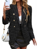 Double-Breasted Blazer – Black Tweed Gold-Button Hip-Length