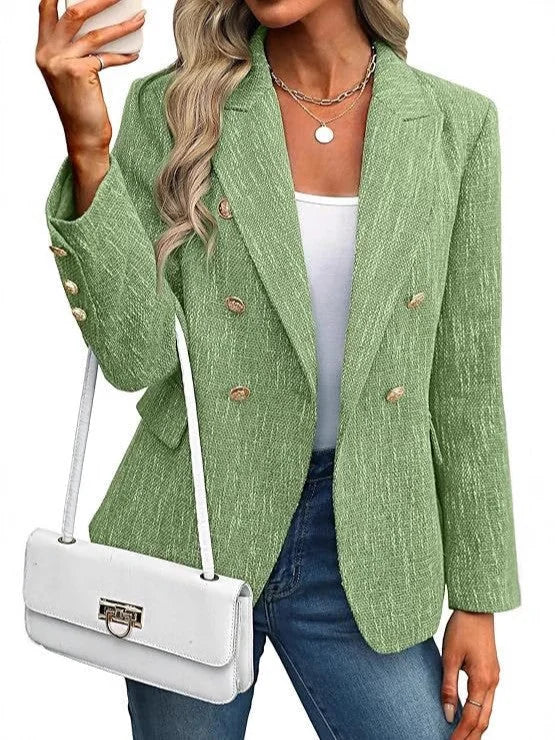 Double-Breasted Blazer – Black Tweed Gold-Button Hip-Length