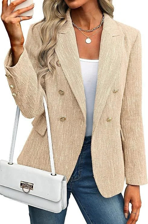 Double-Breasted Blazer – Black Tweed Gold-Button Hip-Length