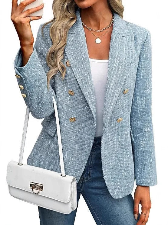 Double-Breasted Blazer – Black Tweed Gold-Button Hip-Length