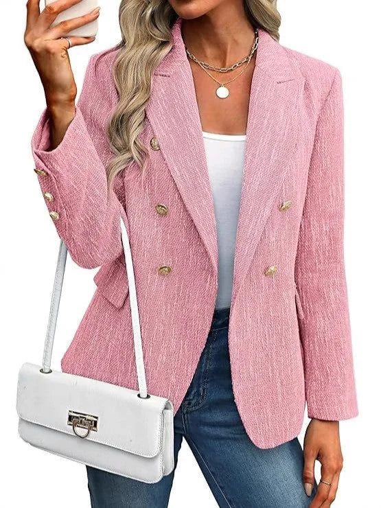 Double-Breasted Blazer – Black Tweed Gold-Button Hip-Length