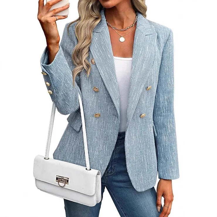 Double-Breasted Blazer – Black Tweed Gold-Button Hip-Length