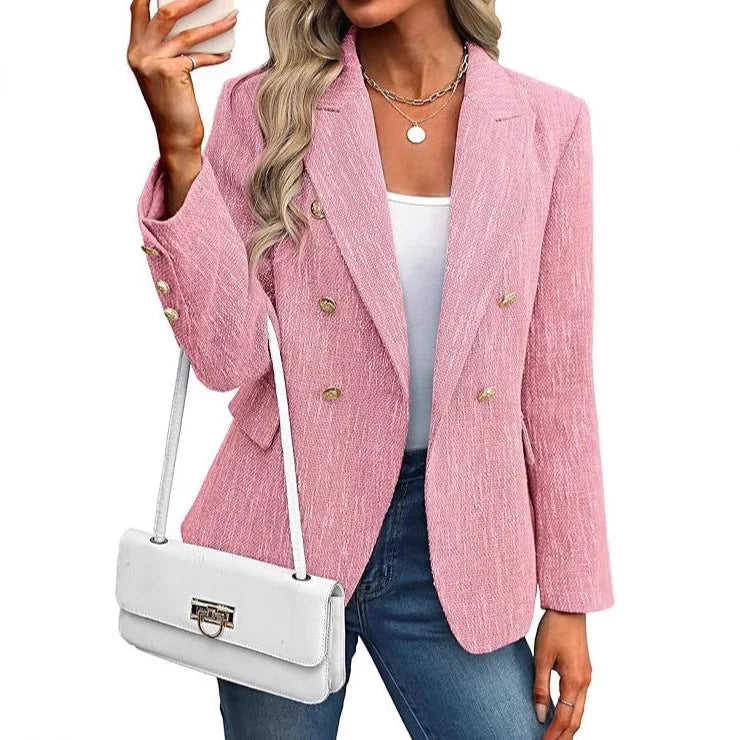 Double-Breasted Blazer – Black Tweed Gold-Button Hip-Length