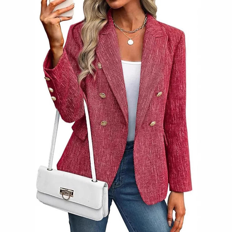 Double-Breasted Blazer – Black Tweed Gold-Button Hip-Length