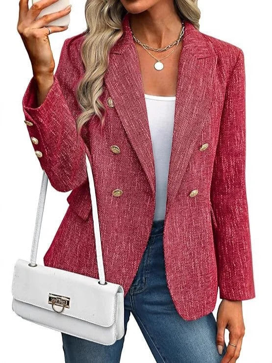 Double-Breasted Blazer – Black Tweed Gold-Button Hip-Length